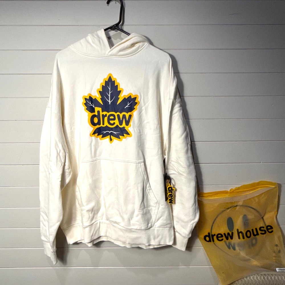 Drew House Secret Leaf Hoodie Mens M Cream Maple Leaf Graphic Sweatshirt NWT Bag